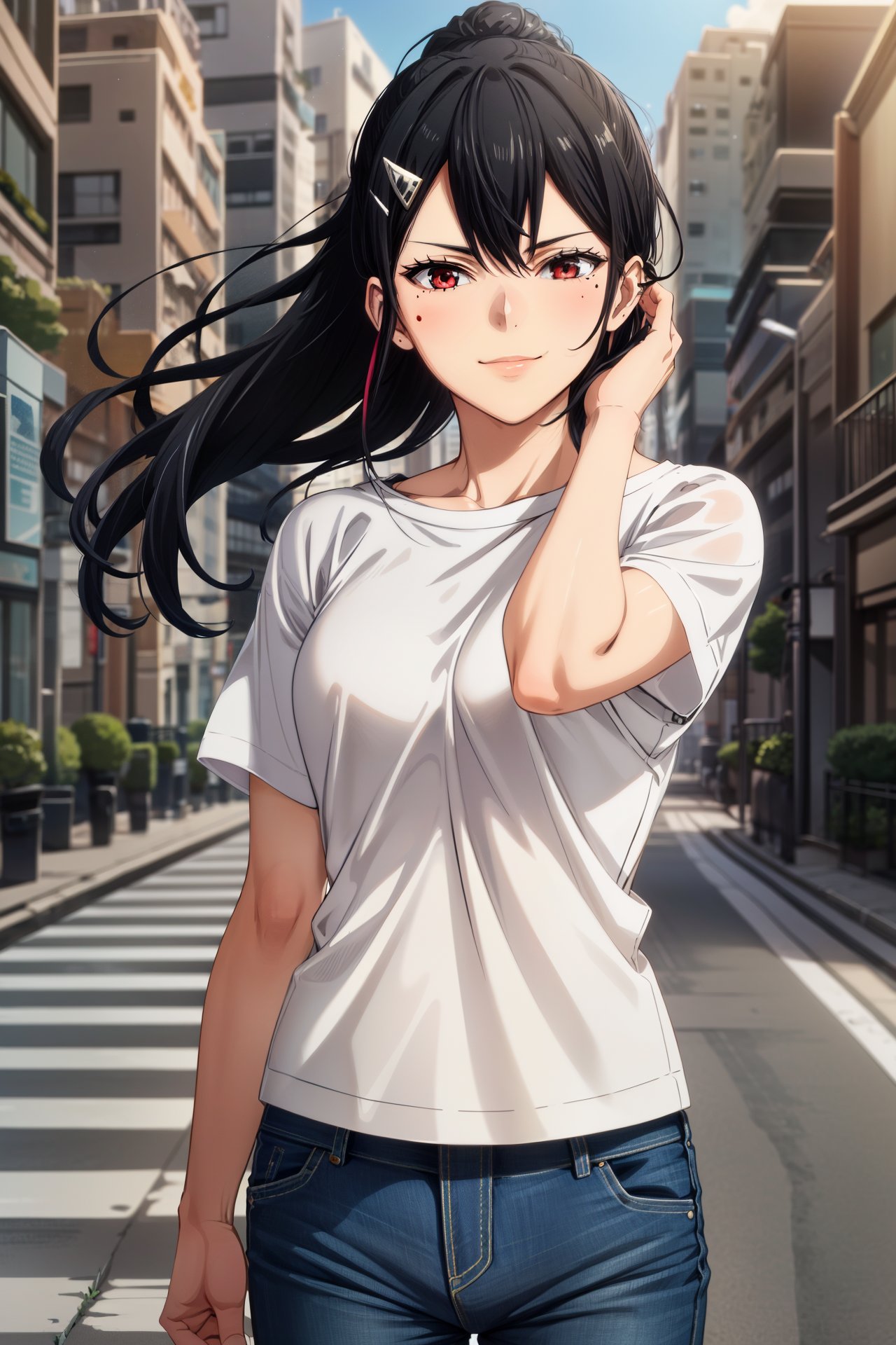 1girl, (masterpiece), (high quality, best quality),  (intricate details, very aesthetic), pixiv, , perfect face, nice eyes and face, detailed face and eyes, (solo), textured skin, absurdres, highres, <lora:more_details:0.4>, <lora:mina_ashiro-V1:0.7> ashiro_mina_wz, black hair, straight hair, sidelocks, hairclip, ponytail, red eyes, mole under eye, shirt, short sleeves, jeans, walking, city,street, tokyo, cowboy shot, looking at viewer, floating hair, (adjusting hair:1.3), light smile<lora:sd_v15_dpo_lora_v1:1>