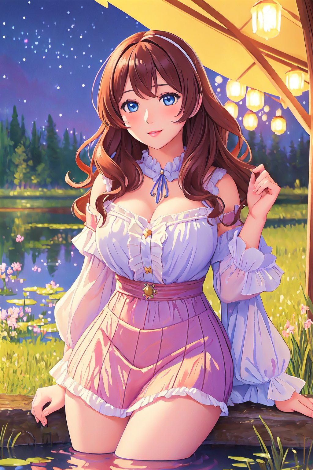 (masterpiece fairytale impressionism, best quality, night:1.3), portrait, peach skin, mature female, amused, wavy hair, brown hair, wetland background, tundra, In-depth, trending on Pixiv, nsfw, pubic hair, blue eyes, cowboy shot