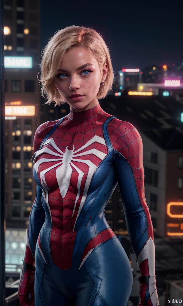 spideyadv2, woman standing on rooftop, breasts, muscular female, toned body, 1girl, best quality, masterpiece, 8k, uhd, night, new york, blonde hair, beautiful face, blue eyes, gwen_stacy, sidecut, shaved hair, short hair, gloves, eyebrow piercing, 