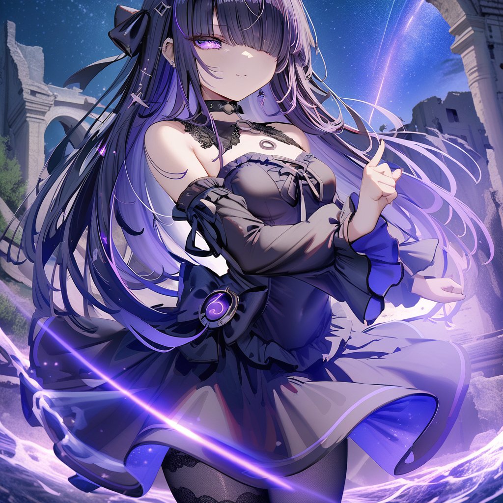 Noyu,sketch,starry sky,shooting star,ruins,water,1girl,solo,Long hair,black hair,purple gradient hair,purple eyes,blunt bangs,hair over one eye,glowing eyes,small breasts,gothic,lace_trim,long sleeves,frilled shirt,skirt,choker,detached_sleeve,black pantyhose,half-closed eyes,smug,close-up,upper body,looking back,masterpiece,bestquality,onnk,Torino,<lora:8737_11272_12993@31ce019b50:0.9>,<lora:8156_10600_12231@1697394178:0.6>,