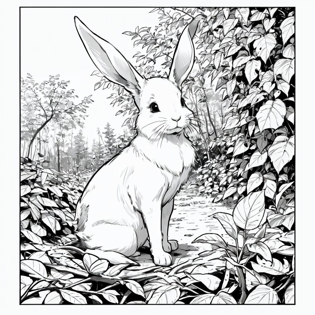 monochrome, lineart, white work, flowers, leaves, vines, trees, rabbit