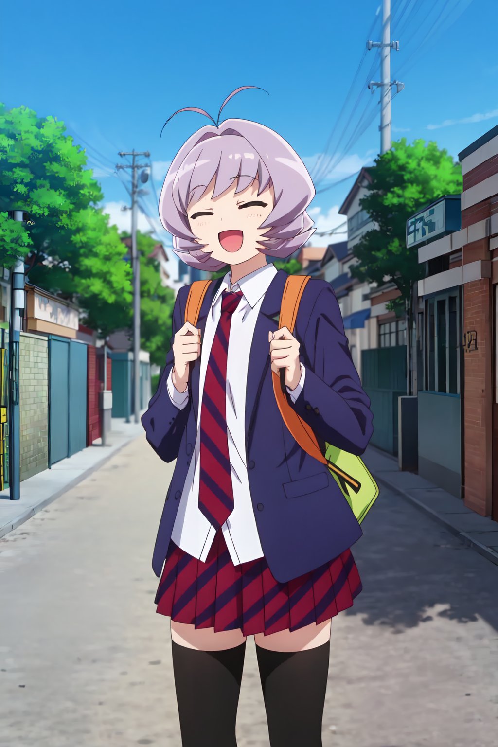 Najimi Osana, (8k, HD), solo, smile, short hair, open mouth, skirt, shirt, thighhighs, long sleeves, school uniform, standing, jacket, closed eyes, white shirt, purple hair, :d, pleated skirt, outdoors, necktie, sky, day, striped, collared shirt, black thighhighs, bag, tree, zettai ryouiki, red skirt, happy, blazer, backpack, antenna hair, blue jacket, red necktie, building, facing viewer, androgynous, 1other, road, striped necktie, power lines, street, utility pole, striped skirt, holding strap, other focus<lora:EMS-468581-EMS:0.800000>