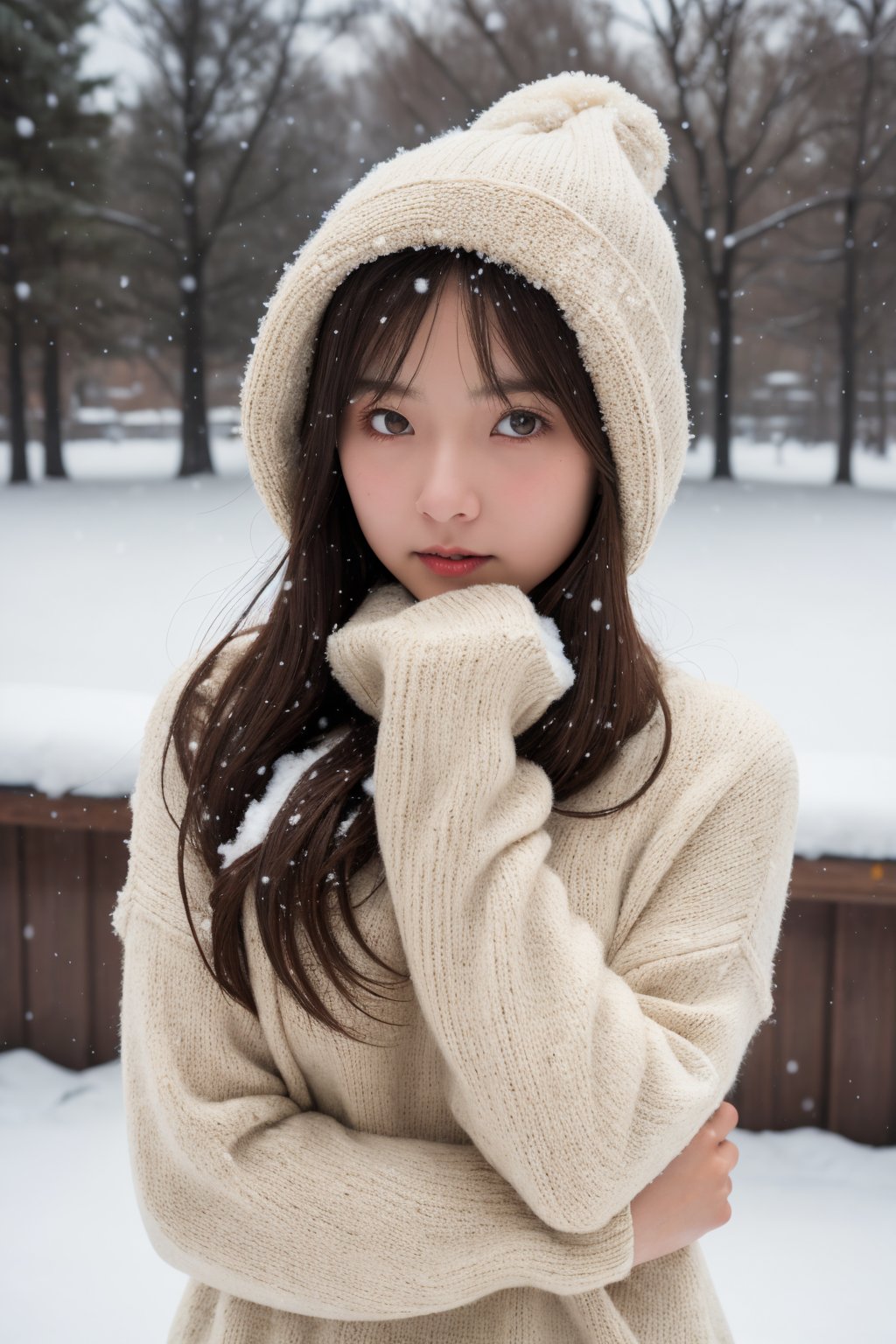 masterpiece, best quality, raw photo, realistic, adult girl, looking at viewer, supporting head on two hands, long hair, sweater, sweater hat,extremely beautiful detailed face, best shadow, medium breasts, (cute face, temptations look), snowing, snowing background, (sepia photography),(professional photo, balanced photo, high contract exposure)