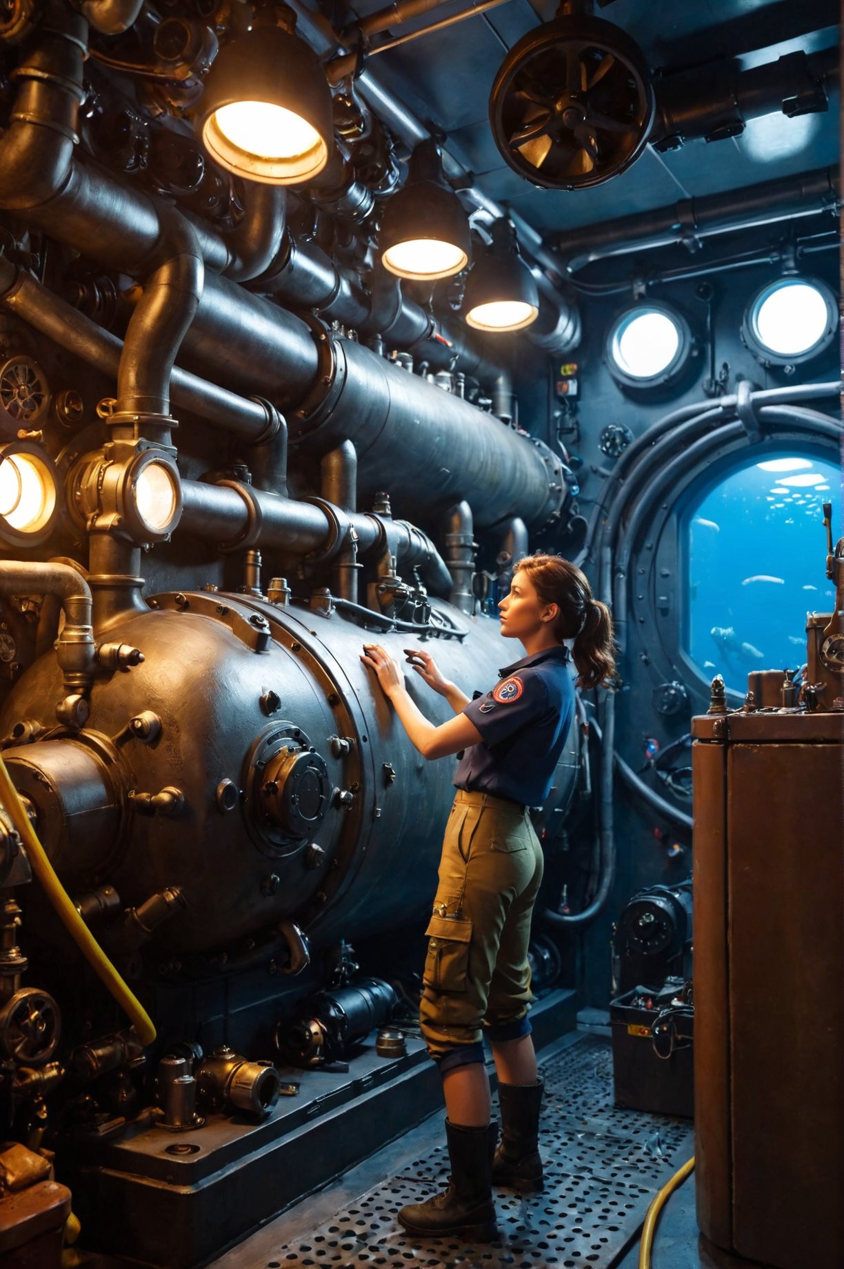 (CXL-Mech:1.3), woman mechanic working in a submarine engine room(photorealistic) (best quality) (intricate details) (cinematic lighting) (sharp focus)