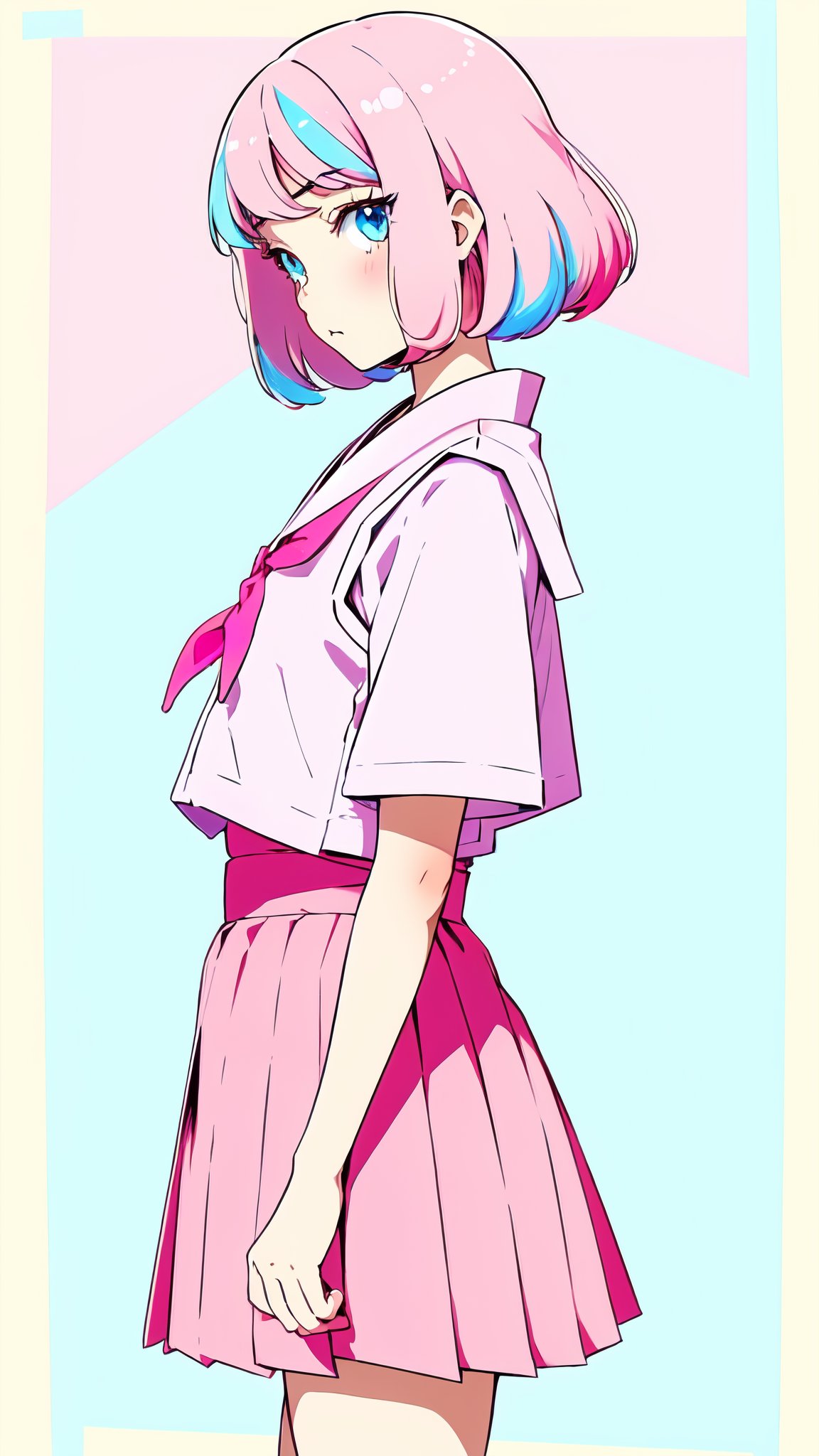1girl ((kawaii)) Japanese Anime // Manga style Japanese Schoolgirl posing, viewed from the side, ((Colorful)) Pastel, Electric baby blues, light vibrant pinks, Extremely finely detailed, Very flat style, flat stylistically flat drawing flat