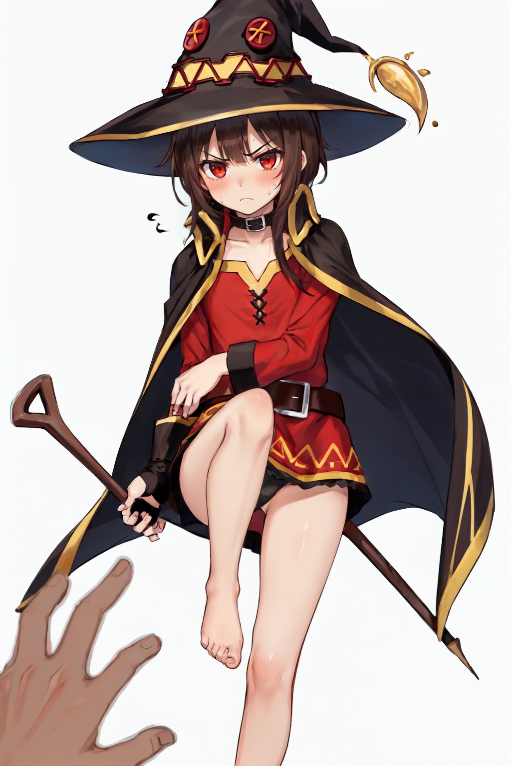 1girl, megumin, , kono subarashii sekai ni shukufuku wo!, angry, bare legs, barefoot, belt, black panties, blush, brown hair, cape, collar, dress, feet, fingerless gloves, frown, gloves, hat, holding, holding staff, looking at viewer, panties, panty peek, pov, red dress, red eyes, shaded face, short hair with long locks, simple background, solo focus, staff, standing, standing on one leg, sweatdrop, toes, underwear, witch hat, 