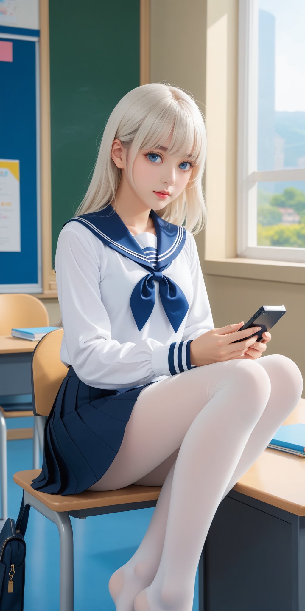 masterpiece,best quality,highres,1girl,medium shot,sitting on desk,white hair,bangs,blue eyes,shine,white sailor collar,miniskirt,(feet),(white pantyhose:1.3),holding phone,indoors,window,classroom,