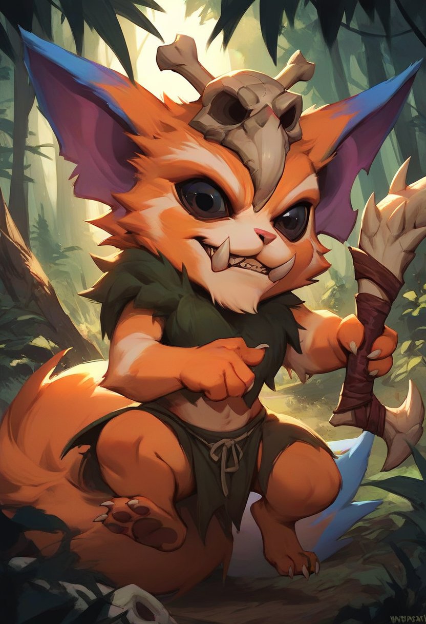 score_9, score_8_up, score_7_up, score_6_up, gn4r, 1boy, yordle, fangs, teeth, skull on head, orange fur, black eyes, tail, holding weapon, full body, forest, <lora:Manwha_Anime_Style:1>, manhwastyle, <lora:Gnar_Default_v1:0.75>, solo