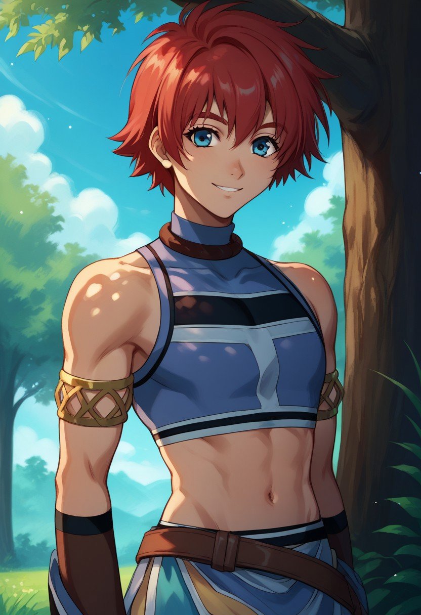 score_9, score_8_up, score_7_up, source_anime, highly detailed, reidhershel, solo, male focus, 1boy, red hair, blue eyes, midriff, gloves, belt, armlet,navel, crop top, smile, armlet, upper body,outdoor, sky, tree