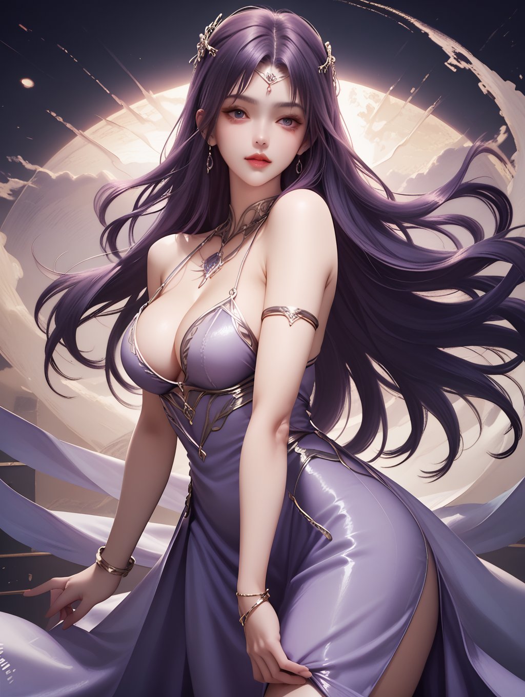 score_9, score_8_up, score_7_up, 1girl,long hair,jewelry,purple hair,purple dress,bare shoulders,eye-contact,looking_at_viewer,cleavage,  <lora:yunxi_V1:1.0>