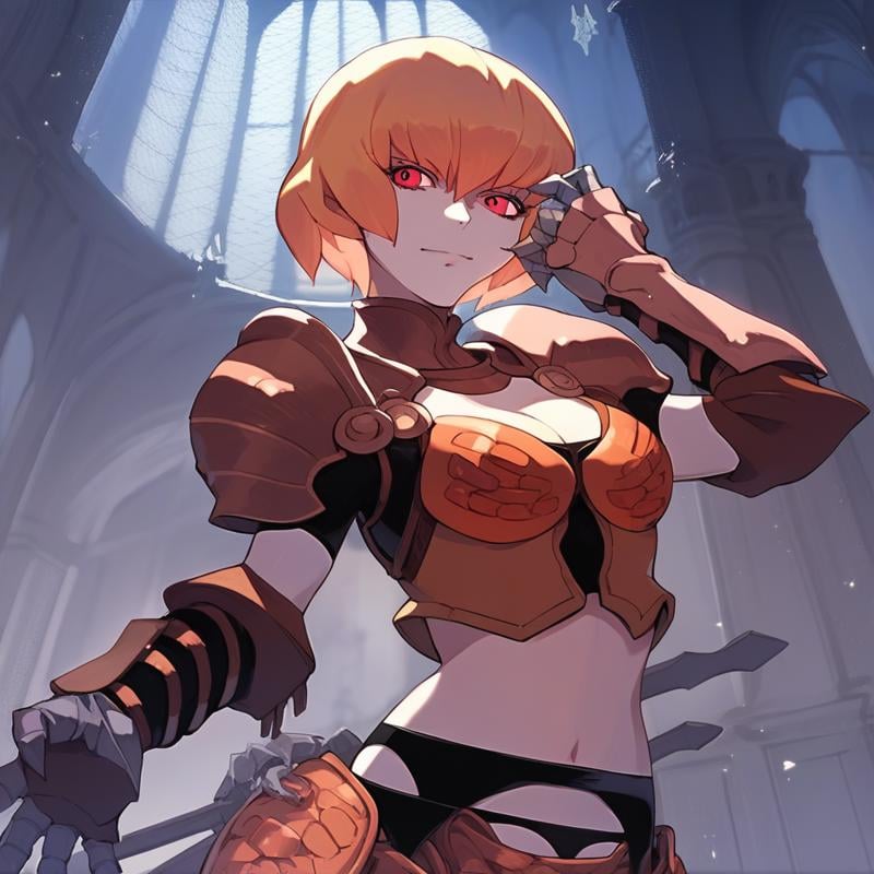 score_9, score_8_up, score_7_up,source_anime,Clementine, blonde hair, short hair, red eyes, light armor, gauntlets, garter belt, scabbard,upper body, castle view, moonlight