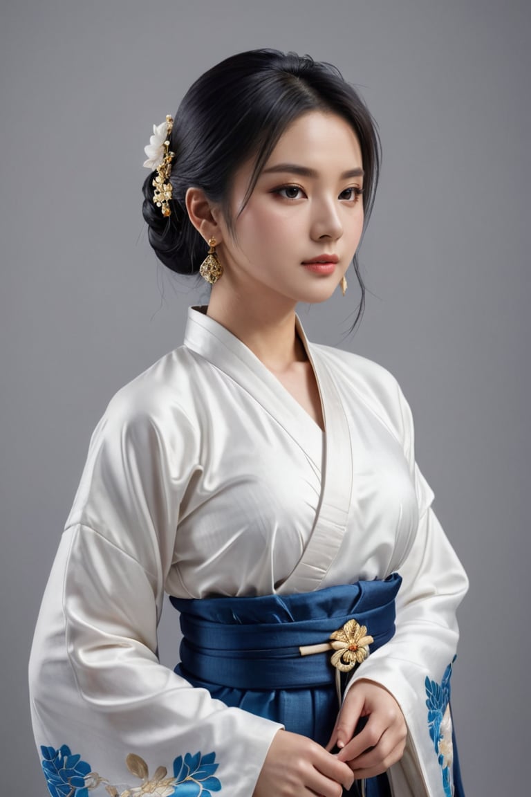 1girl, beautiful face, earrings, (full body portrait photoshot), wearing (hanfu:1.2) up to her chin, short dark hair, (simple plain background),pimple