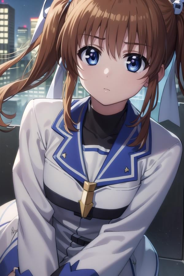 nanohatakamachi, <lora:nanoha takamachi movie2-lora-nochekaiser:1>,nanoha takamachi, takamachi nanoha, brown hair, twintails, blue eyes,BREAK gloves, long sleeves, wings, fingerless gloves, magical girl, winged footwear,BREAK outdoors, city, night, starry sky,BREAK looking at viewer, (cowboy shot:1.5),BREAK <lyco:GoodHands-beta2:1>, (masterpiece:1.2), best quality, high resolution, unity 8k wallpaper, (illustration:0.8), (beautiful detailed eyes:1.6), extremely detailed face, perfect lighting, extremely detailed CG, (perfect hands, perfect anatomy),