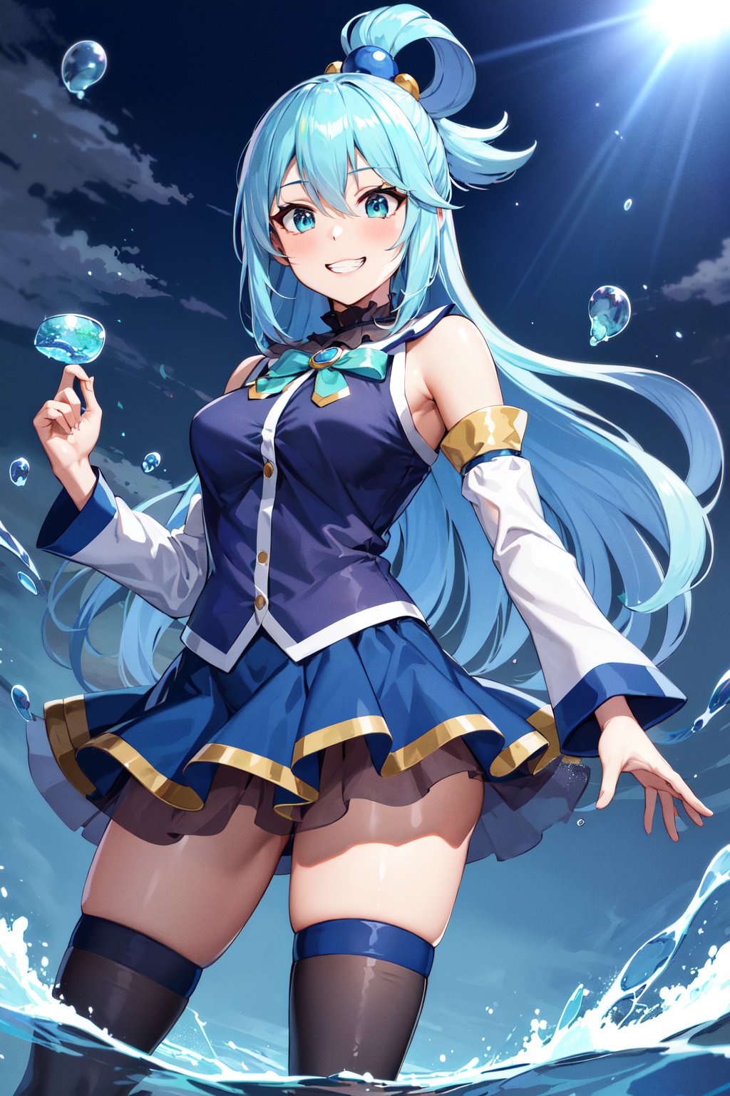 masterpiece, best quality, highres, aaaqua, long hair, blue hair, hair rings, hair ornament, choker, bare shoulders, green bow, blue shirt, detached sleeves, blue skirt, thighhighs, <lora:aqua_(konosuba)_v1:0.7>, standing, (magic:1.2), (water:1.2), grin