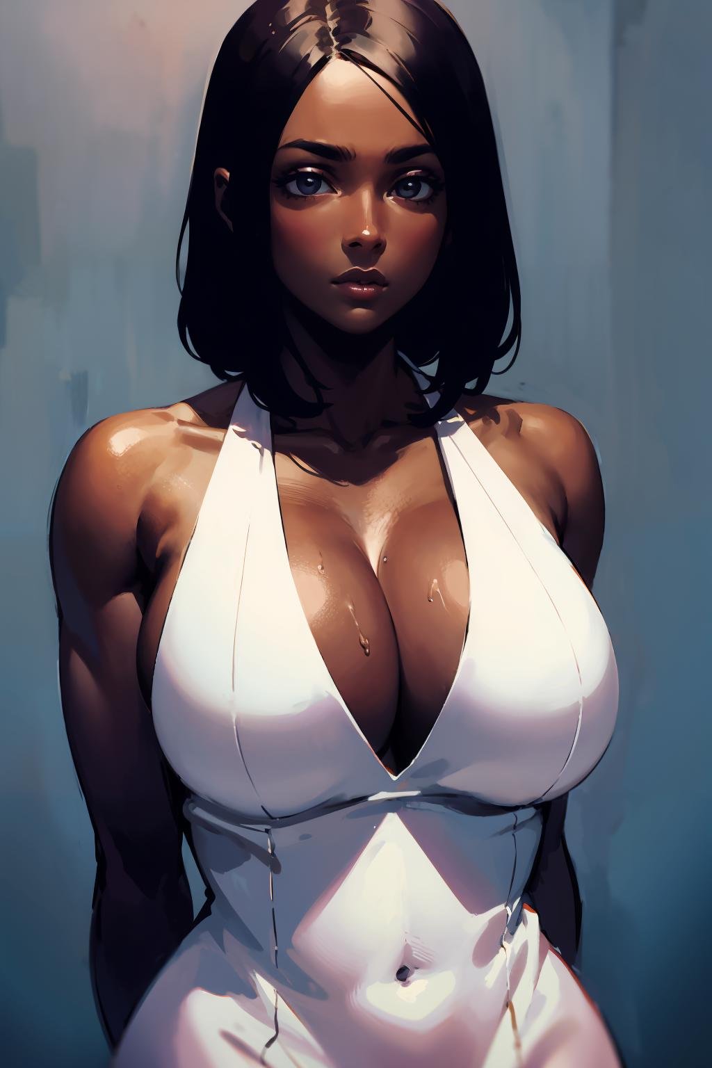 masterpiece,high quality,highres,1girl,solo,<lora:darkskin-v2-wasabiya:1>,dark-skinned female,huge breasts,dress,upper body,arms behind back,