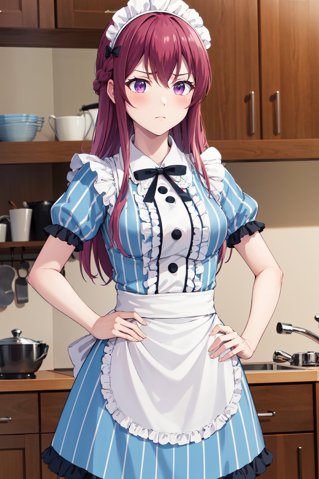 masterpiece, best quality, highres, 1girl, solo, long hair, purple hair, braid, maid headdress, purple eyes, neck ribbon, frills, vertical stripes, blue dress, short sleeves, apron, black pantyhose, <lora:makuzawa_ouka_v1:0.7>, frown, hand on hip, indoors,