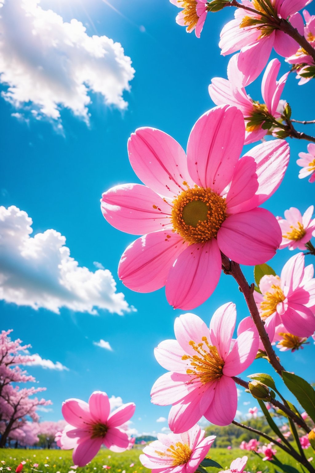 blue sky, branch, cherry blossoms, cloud, daisy, day, lily \(flower\), outdoors, petals, pink flower, sky, spring \(season\), white flower