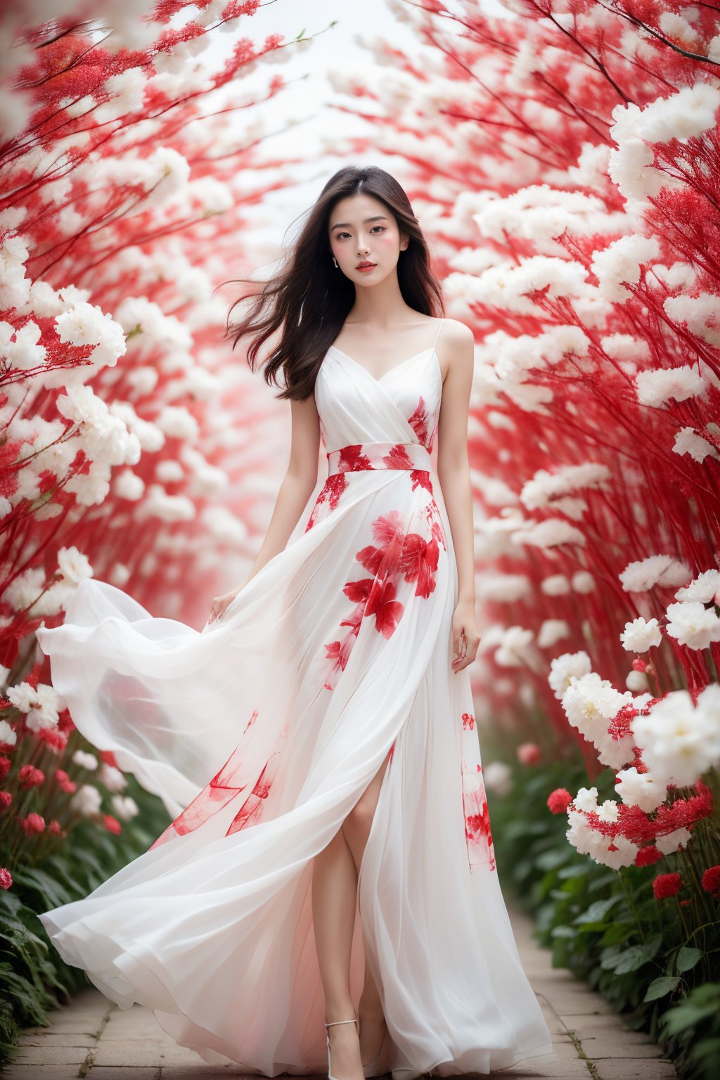 chinese girl,look at the camera,This is a very artistic picture,dreamy and beautiful,showing a woman in a long red and white dress standing in a huge,abstract background. the background is composed of white and pink flower structures these structures look at soft materials,it has a sense of transparency and layering. The female skirt also presents a sense of fluidity and layering,in sharp contrast to the background. Her hair is fluttering in the wind,the whole picture gives a dreamy and elegant feeling,<lora:FENHONGSE_20240504183641:0.8>,