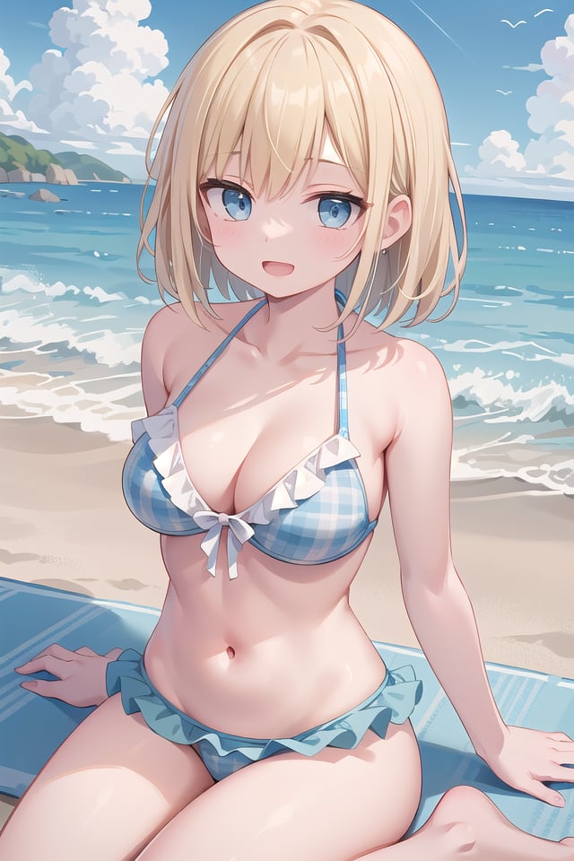 insanely detailed, absurdres, ultra-highres, ultra-detailed, best quality,(wearing pastel blue pink bikini with checked pattern with frills:1.3),1 girl, solo, happy smile, laugh, open mouth,BREAKsitting on beach, dynamic pose, cowboy shot, looking at viewer,slender, kawaii, perfect symmetrical face, ultra cute girl, ultra cute face, ultra detailed eyes, ultra detailed hair, ultra cute, ultra beautiful,BREAKbeach, coast, ocean, blue sky, cloud, outdoor, ultra detailed background,large breasts, cleavage, (blonde medium hair, blue eyes:1.2)