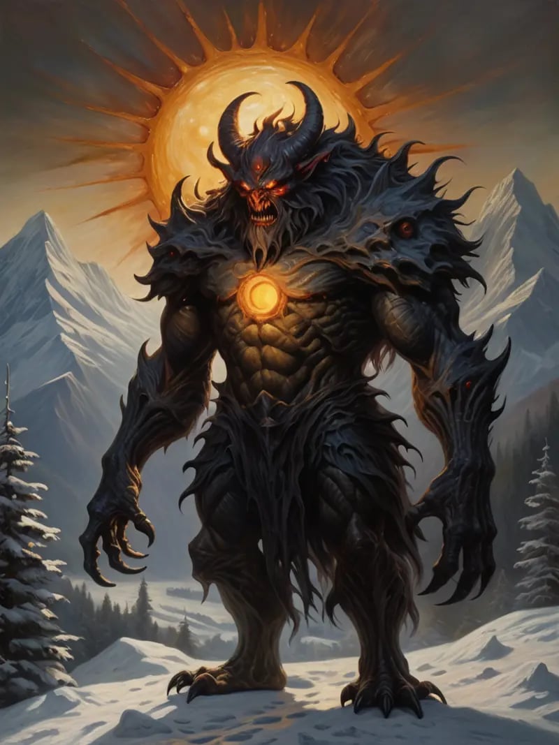 (masterpiece, best quality, high quality, highres), dark, sun, winter, monster, oil painting