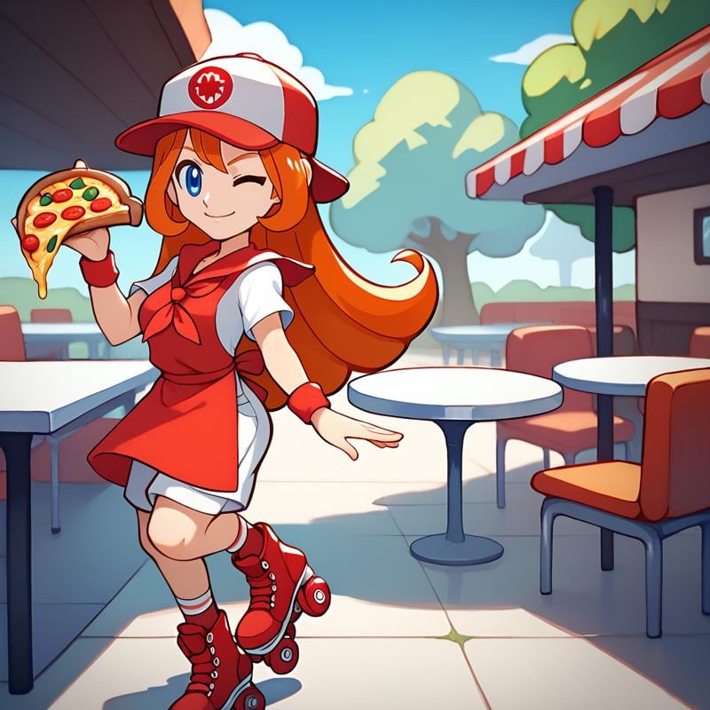 score_9, score_8_up, score_7_up, 1girl, solo, uncensored,  <lora:WarioWareMonaXL_v1.1:1> wariowaremona,  smile, standing,  closed mouth, wink, one eye closed, looking at viewer, holding pizza, blue eyes, long orange hair, baseball cap, white shirt, white shorts, red wristbands, red apron, red neckerchief, red roller skates,  outdoors, restaurant, tables, chairs, plates