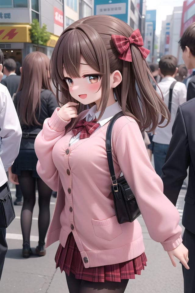 <lora:sensualface_type3_v3:1>insanely detailed, absurdres, ultra-highres, ultra-detailed, best quality,1girl, solo, nice hands, perfect handsBREAK(School Uniforms:1.2), (pink cardigan is fit body:1.4), ((do up a buttons, not loose):1.5), ((long sleeve, sleeves past wrists):1.2), (inner wear is white collared-shirt:1.3), (red plaid-pattern bow:1.3), (red plaid-pattern pleated skirt:1.3), ((dark-brown pantyhose, loafers):1.2)BREAKhappy smile, laugh, open mouth, standing,from side,cute pose, cowboy shotBREAKslender, kawaii, perfect symmetrical face, ultra cute girl, ultra cute face, ultra detailed eyes, ultra detailed hair, ultra cute, ultra beautifulBREAKin harajuku, shibuya, tokyo, street, crowd, cityscapeBREAKmedium large breasts,(brown hair, brown eyes), hime cut