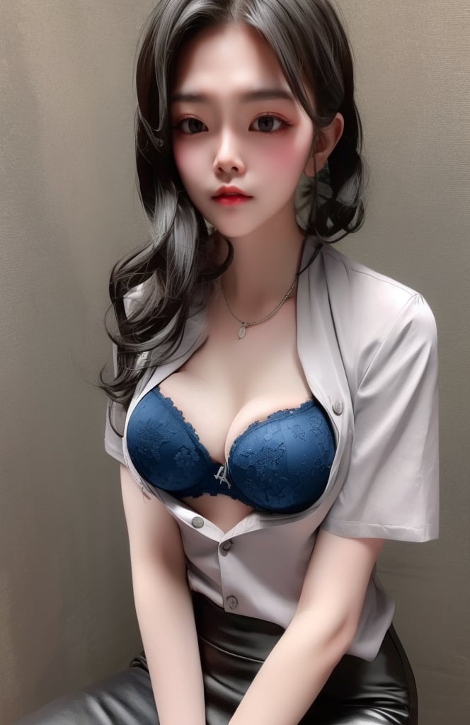 1 lady with touched face, big breasts, (with head:1.2), hands on chest, fashion, gorgeous, charming, sweet girl, wearing (short shirt, bra, black pencil skirt), sitting, delicate necklace, (long hair), lip stain, (solo:1.3), (cowboy shot), masterpieces, best quality, high resolution, (bright scene:1.3), soft color, dark background<lora:EMS-369772-EMS:0.800000>, <lora:EMS-375711-EMS:0.800000>