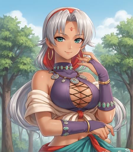 score_9, score_8_up, score_7_up, score_6_up, score_5_up, score_4_up, BREAK source_anime,1girl, solo,  <lora:ScherazardHarvey:0.9>, Scherazard Harvey, grey hair, silver hair, aqua eyes, hairband, hoop earrings, forehead jewel, forehead mark, dark skin, large breasts, necklace, crop top, cleavage, sarong, bridal gauntlets, sandals, upper body, portrait,looking at viewer, smile, outdoors, sky, trees,<lora:Racoonkun_Artist_Style:0.6>, racoonsan,, 