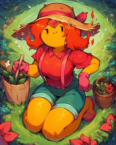 score_9, score_8_up, score_7_up, 1girl, solo, flame princess, yellow skin, straw hat, red shirt, suspenders, plump, gloves, on knees, gardening, looking at viewer, outdoors, <lora:FlamePrincess_PDXL:1>