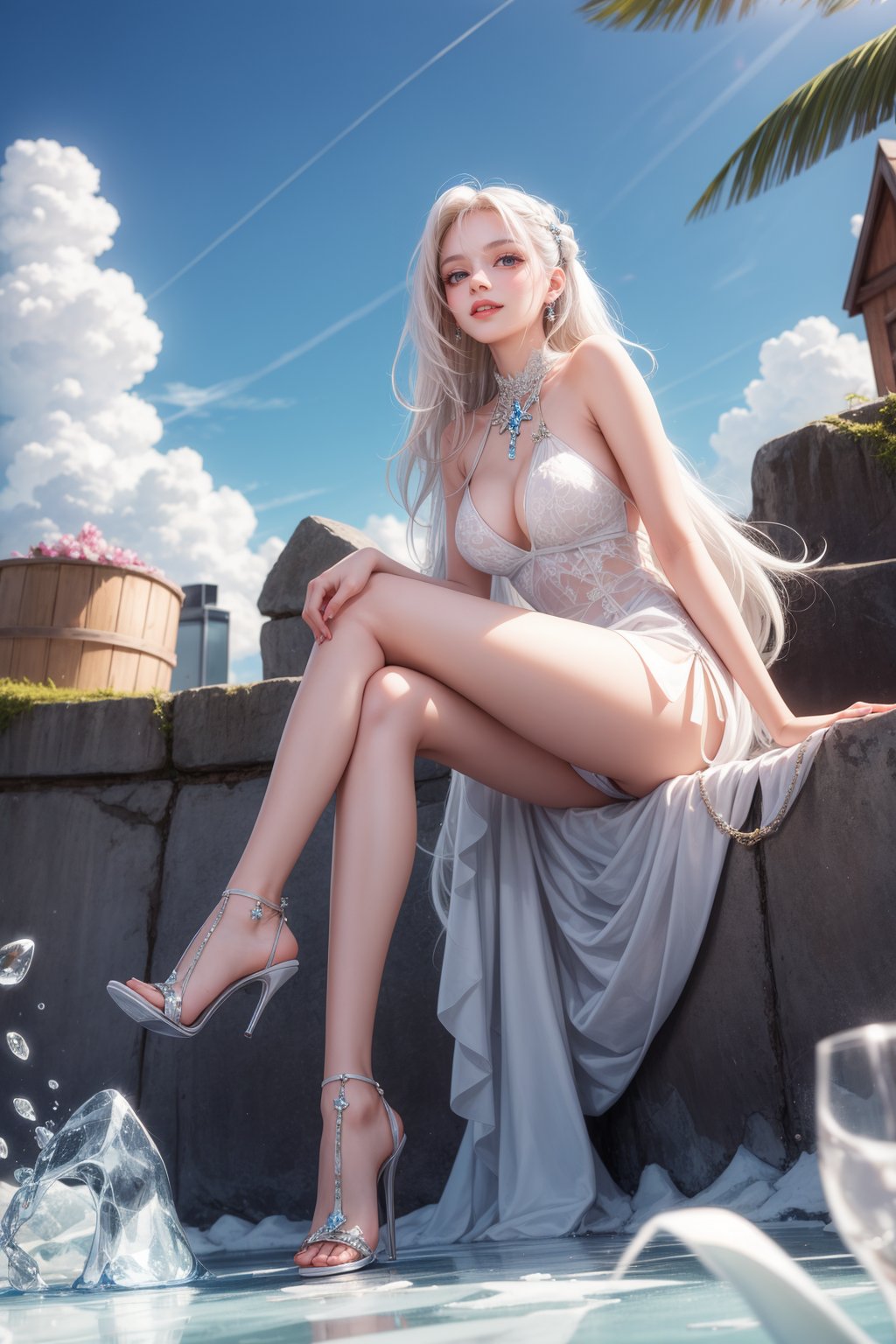 masterpiece,best quality,masterpiece,best quality,8k,A girl,long hair,Ice and Water,Queen's demeanor,white hair,smile,cross legged,white high heels,white legwear,from side below,dress,long legs,<lora:add_detail:1>,jewelry,wind,spells,