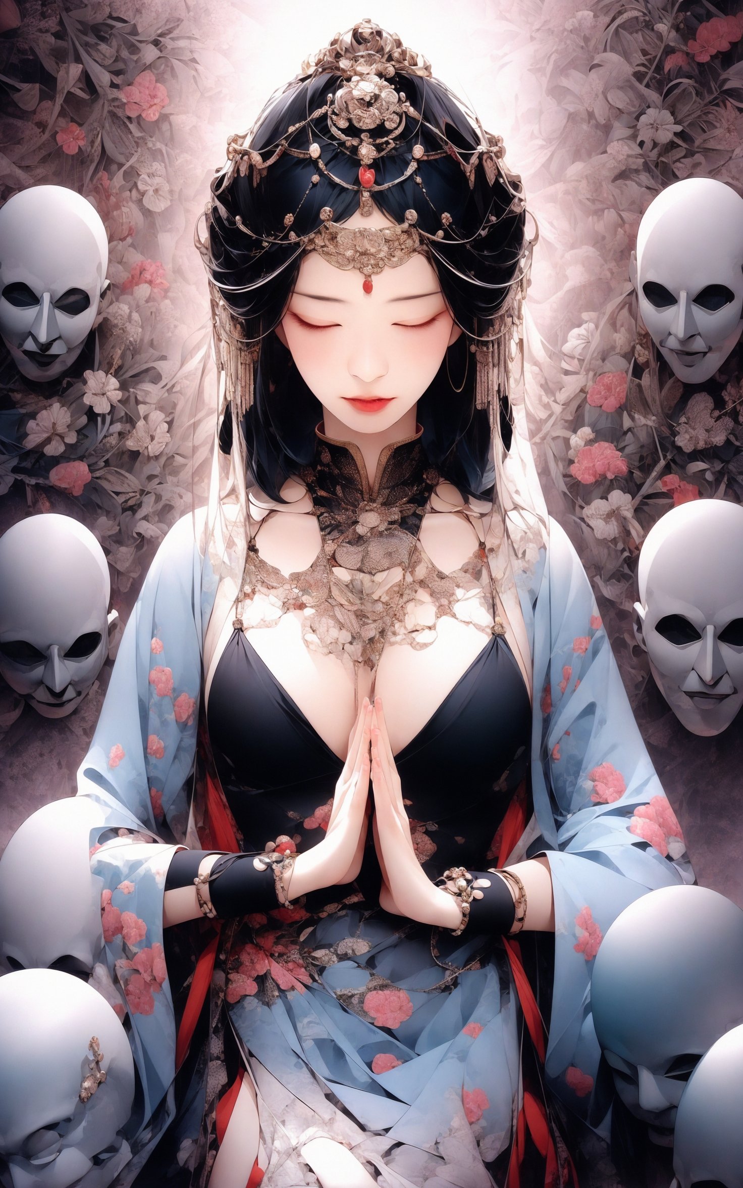 a woman meditating in front of lots of masks, in the style of zhang jingna, photomontage, hirohiko araki, oriental, sergio toppi, theatrical, poster art， <lora:绪儿已成精-佛:0.8>