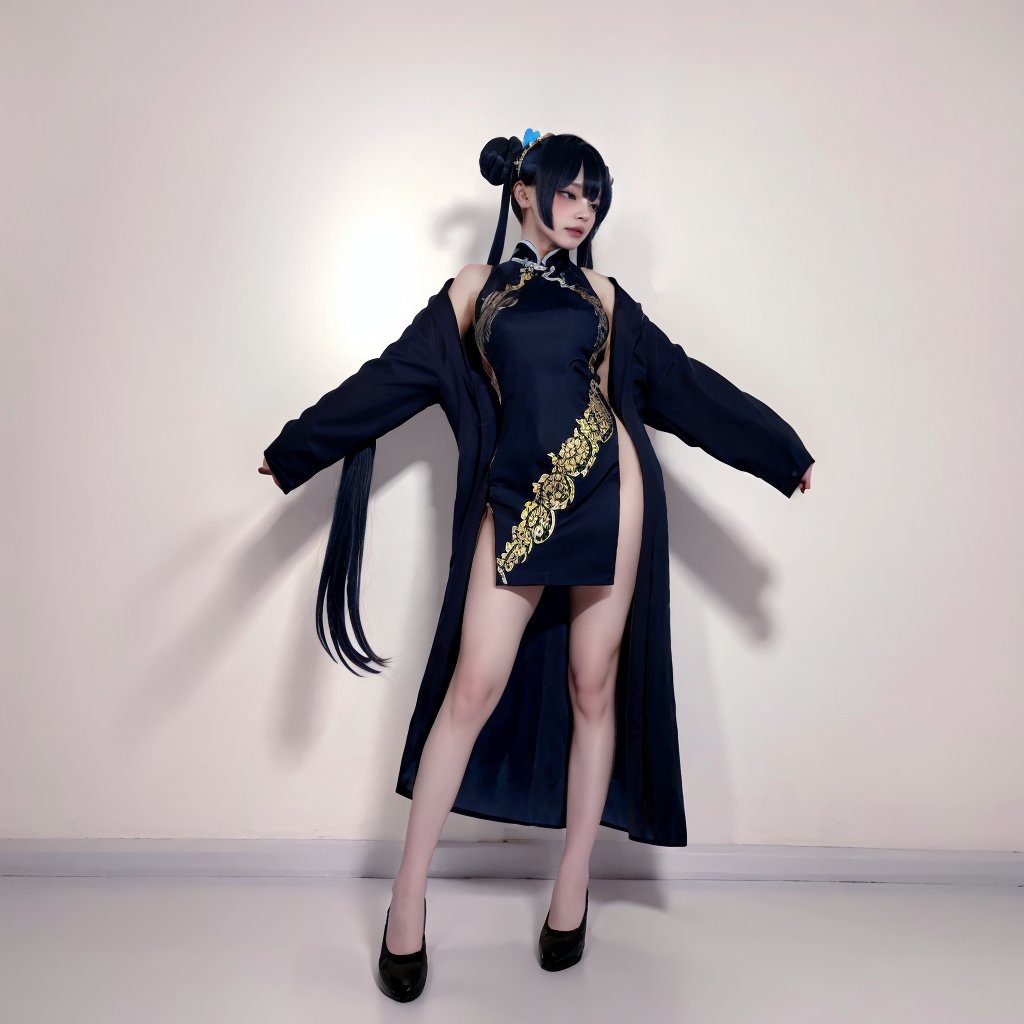 1girl,double_bun,dress,solo,chinese_clothes,standing,black_hair,full_body,<lora:性感小姐姐:0.8>,