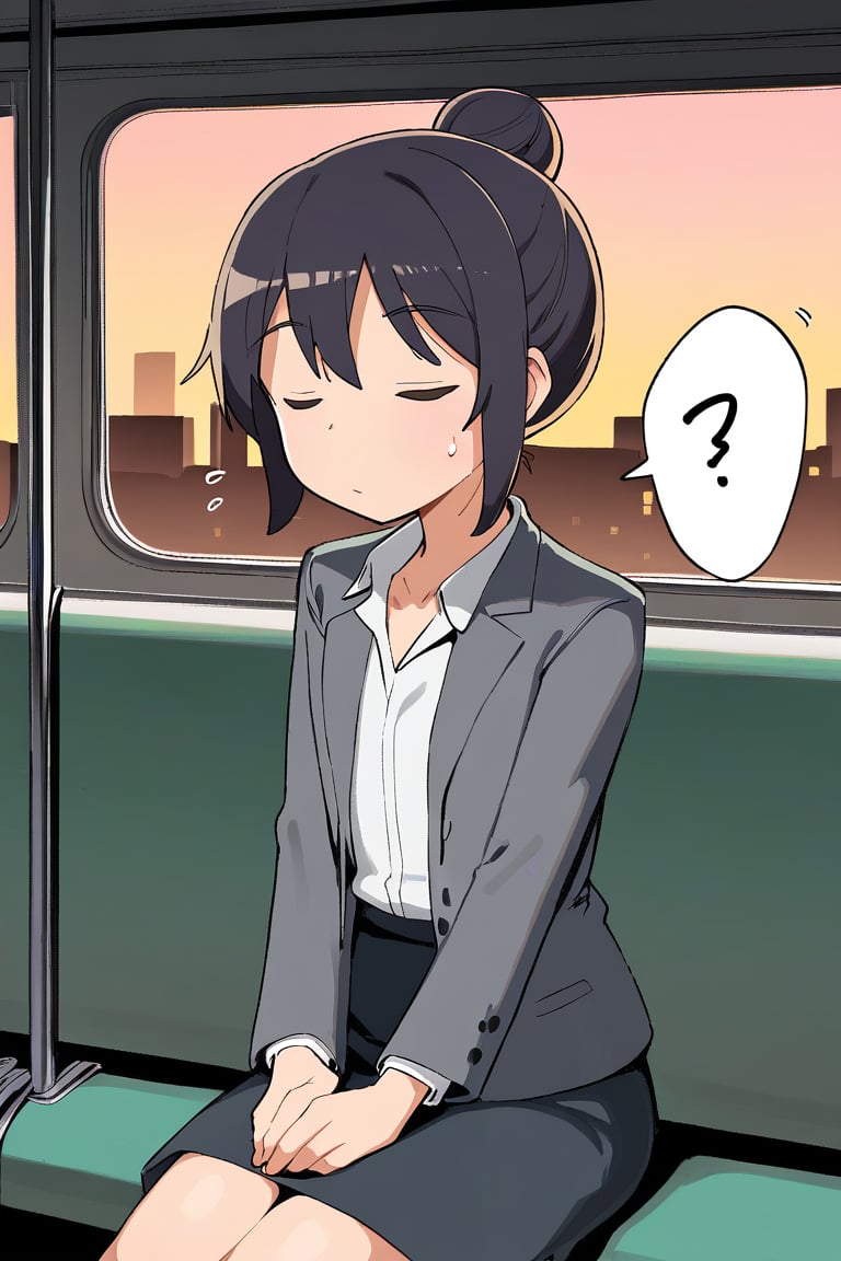 score_9, score_8_up, score_7_up, rating_safe BREAK1girl, mature, flat chest, single hair bun, dark hair, closed eyes, sleepy, grey blazer, white shirt, formal suit, skirt, sitting, v arms, (spoken zzz:1.2), public train, train interior, city background, sunset