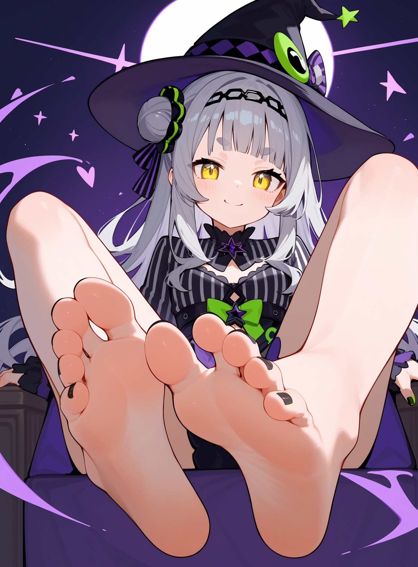 score_9_up,score_8_up,score_7_up,1girl,solo,murasaki shion,virtual youtuber,toenail polish,long hair,toenails,feet,barefoot,witch hat,foot focus,toes,bangs,hat,gloves,nail polish,blunt bangs,foreshortening,looking at viewer,grey hair,soles,striped shirt,hair bun,single side bun,striped,yellow eyes,long sleeves,vertical-striped shirt,black gloves,hairband,smile,legs,black headwear,shirt,blush,bare legs,black nails,single hair bun,short eyebrows,two feet,