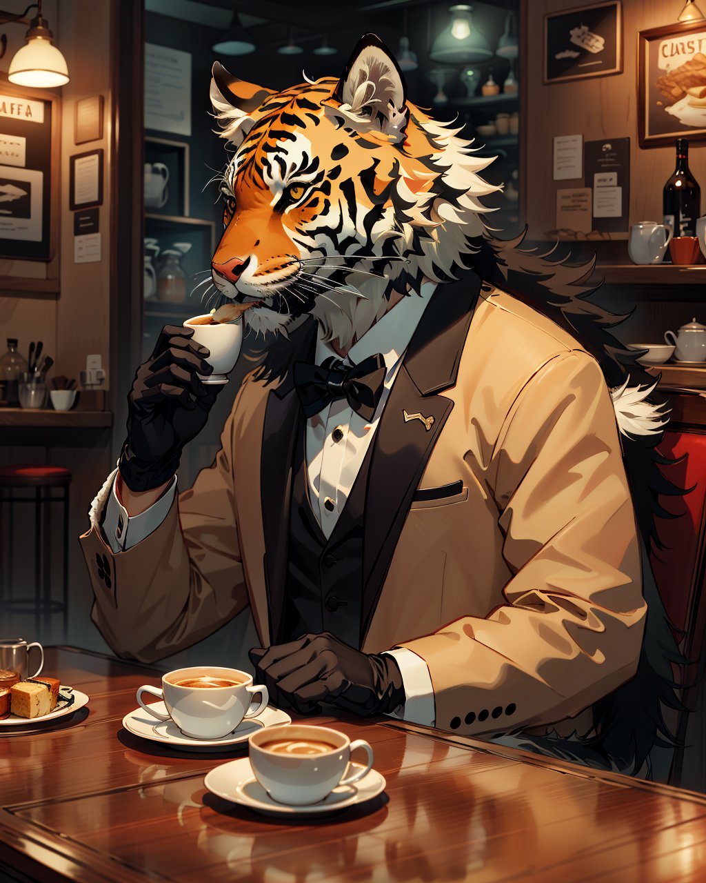 best quality,masterpiece,highly detailed,ultra-detailed, furry ,tiger, tiger ears,  shirt,suit, at cafe afernoon tea,mug,(fur gloves:1.3),food,bowtie, fur trim, sitting,  <lora:neg9V2_last:0.5>   <lora:furrytale:1>  