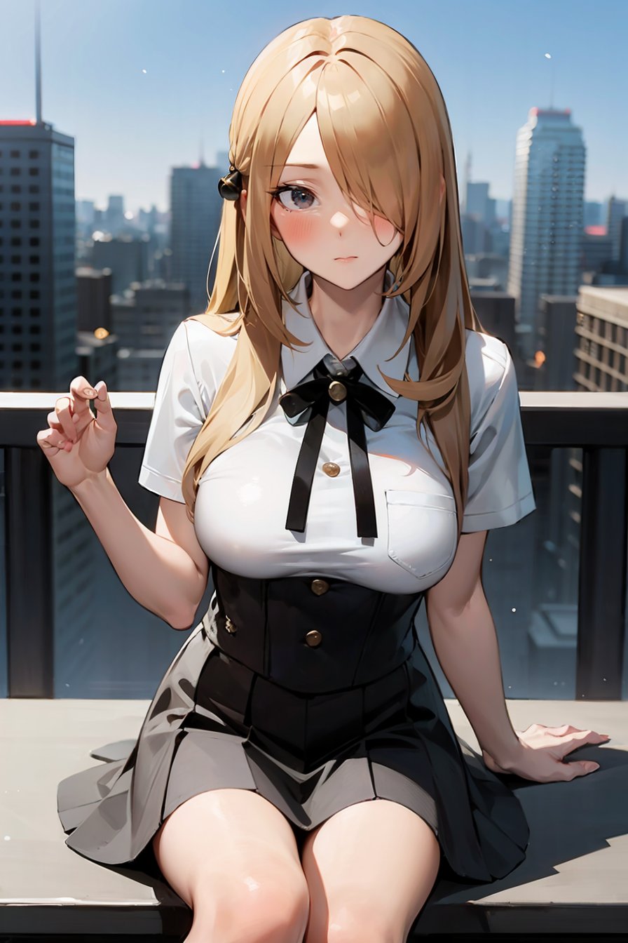 (masterpiece, best quality), 1girl, (solo), looking at viewer,<lora:Cynthia (Ikuchan Kaoru)-offset:0.9>, cynthia-IK, blonde hair, hair ornament, hair over one eye, long hair, large breasts,<lora:dating_attire_vol1_style6_v1:0.7> cyb skirt, cyb shirt, high-waist skirt, neck ribbon,expressionless, closed mouth, blush,shutter speed 1/2 sec architecture suburbia bar,rooftop bar,horizon, 