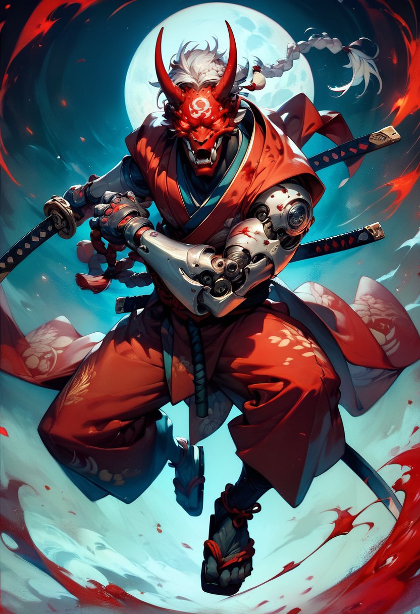 (score_9, score_8_up, score_7_up), zPDXL, solo, looking at viewer, red eyes, 1boy, holding, weapon, braid, white hair, male focus, japanese clothes, horns, teeth, sword, kimono, holding weapon, blood, mask, glowing, crossed arms, moon, sandals, katana, sheath, glowing eyes, sheathed, scabbard, mechanical arms, glowing eye, prosthesis, prosthetic arm, oni mask, samurai<lora:BioPunky:0.8>