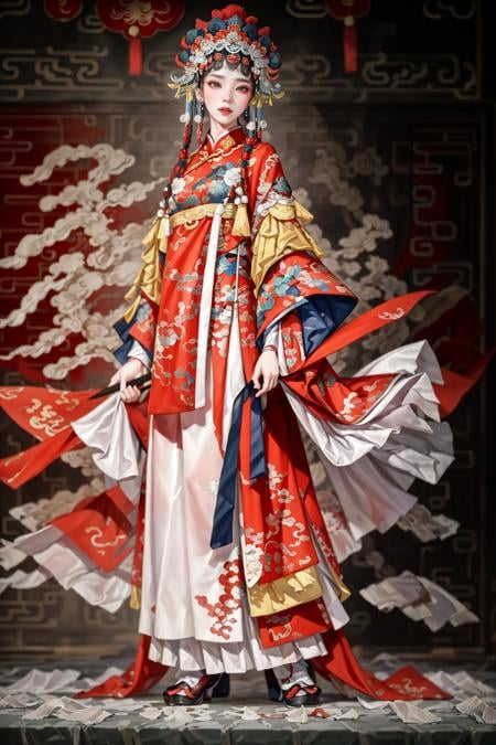 highres,absurdres,masterpiece,best quality,original,extremely detailed CG,extremely detailed wallpaper,perfect lighting,standing on the stage,looking at viewer,1girl,blurry background,bare hands,<lora:xuer traditional chinese art opera_20240126235810:0.6>,xuer traditional chinese art opera,