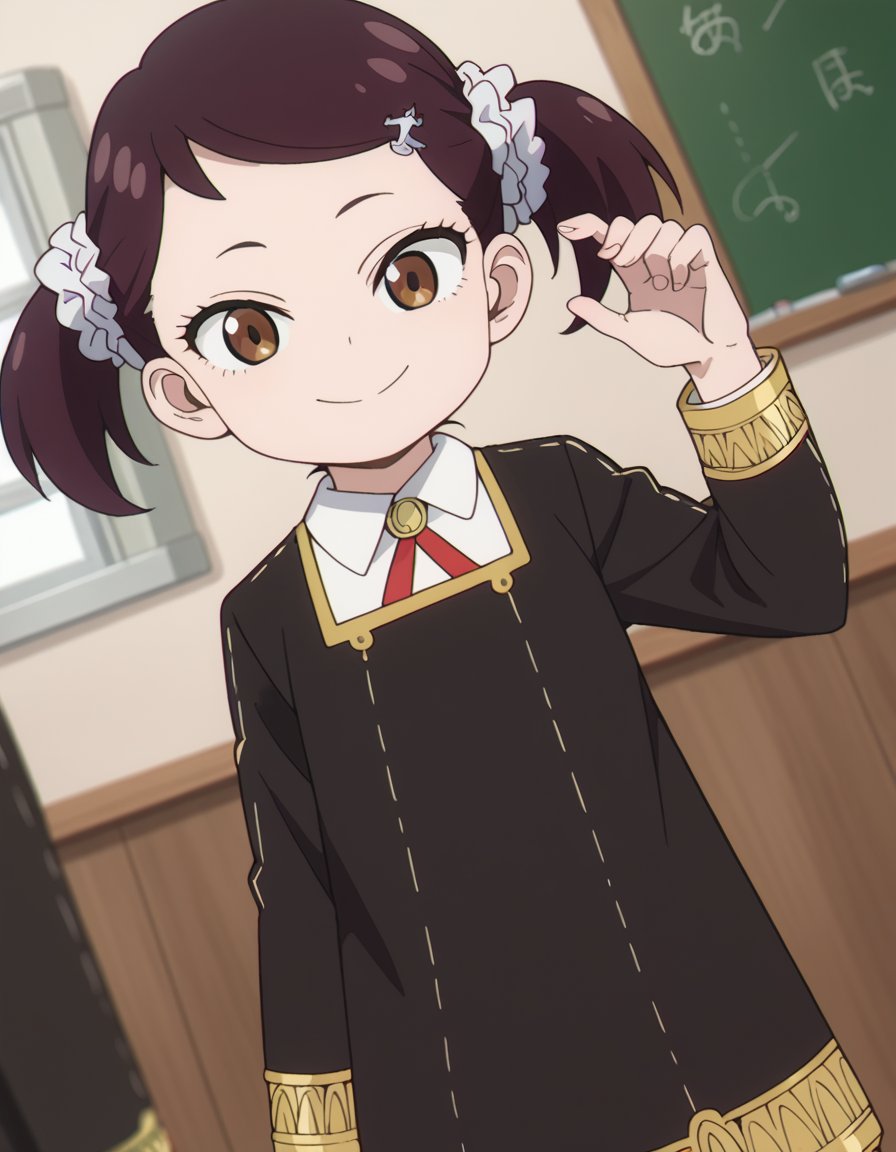 score_9, score_8_up, score_7_up, source_anime,beckyblackbell, <lora:becky-blackbell-s1-ponyxl-lora-nochekaiser:1>becky blackbell, black hair, hair ornament, twintails, hairclip, scrunchie, hair scrunchie, brown eyes,long sleeves, dress, school uniform, socks, black dress, eden academy school uniform,indoors, classroom, smile,looking at viewer, dutch angle, cowboy shot