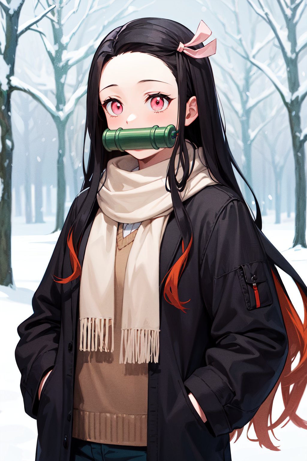 masterpiece, best quality, highres, aanezuko, long hair, multicolored hair, hair ribbon, bit gag, mouth hold, <lora:kamado_nezuko_v1:0.7>, outdoors, snow, winter clothes, scarf, hand in pocket,