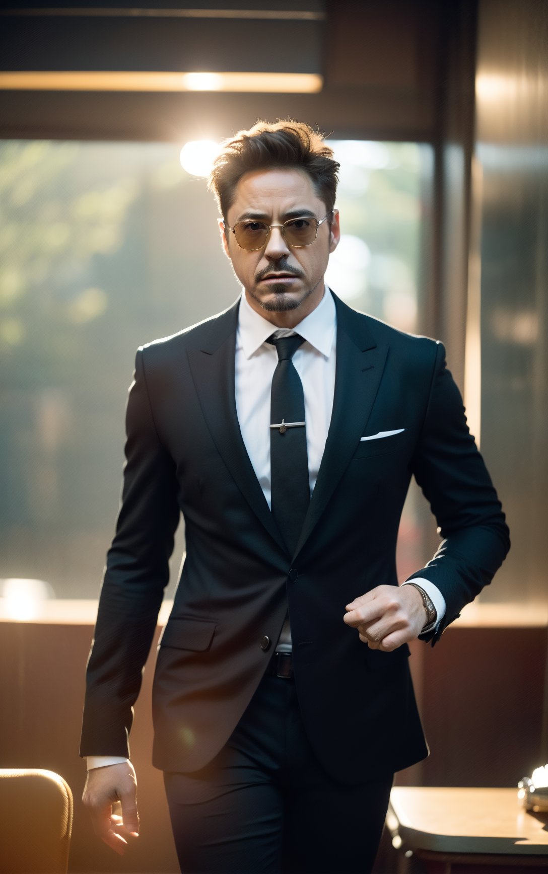 Robert Downey Jr.,wearing a suit to attend the meeting,(masterpiece, top quality, best quality, official art, beautiful and aesthetic:1.2),cover art,(photo effect:1.5),,