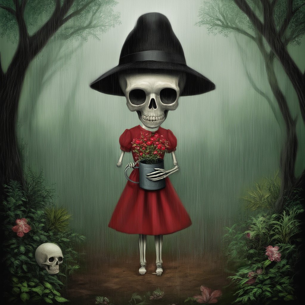 skeleton girl,solo,looking at viewer,black hair,hat,dress,holding,standing,flower,short sleeves,outdoors,tree,leaf,red dress,plant,red flower,nature,forest,rain,skull,potted plant,skeleton,horror (theme),what,watering can, lowbrow art style, surreal,, <lora:LowBrowF1D:1>