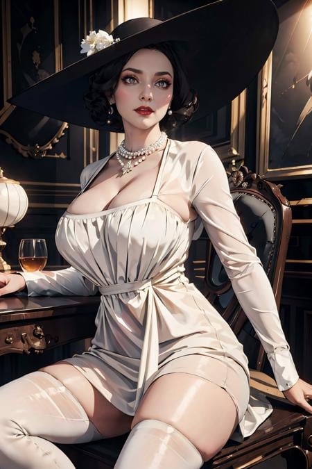 masterpiece, best quality, Ray tracing, hdr, volumetric lighting, <lora:LadyDimitrescu_ResidentEvil_FefaAIart:0.7>,ladyd,dimitrescu, huge breasts, black sun hat, white dress, pearl necklace, black flower,<lora:StraddlingChair_SittingChair_FefaAIart:0.5>, (straddling chair),