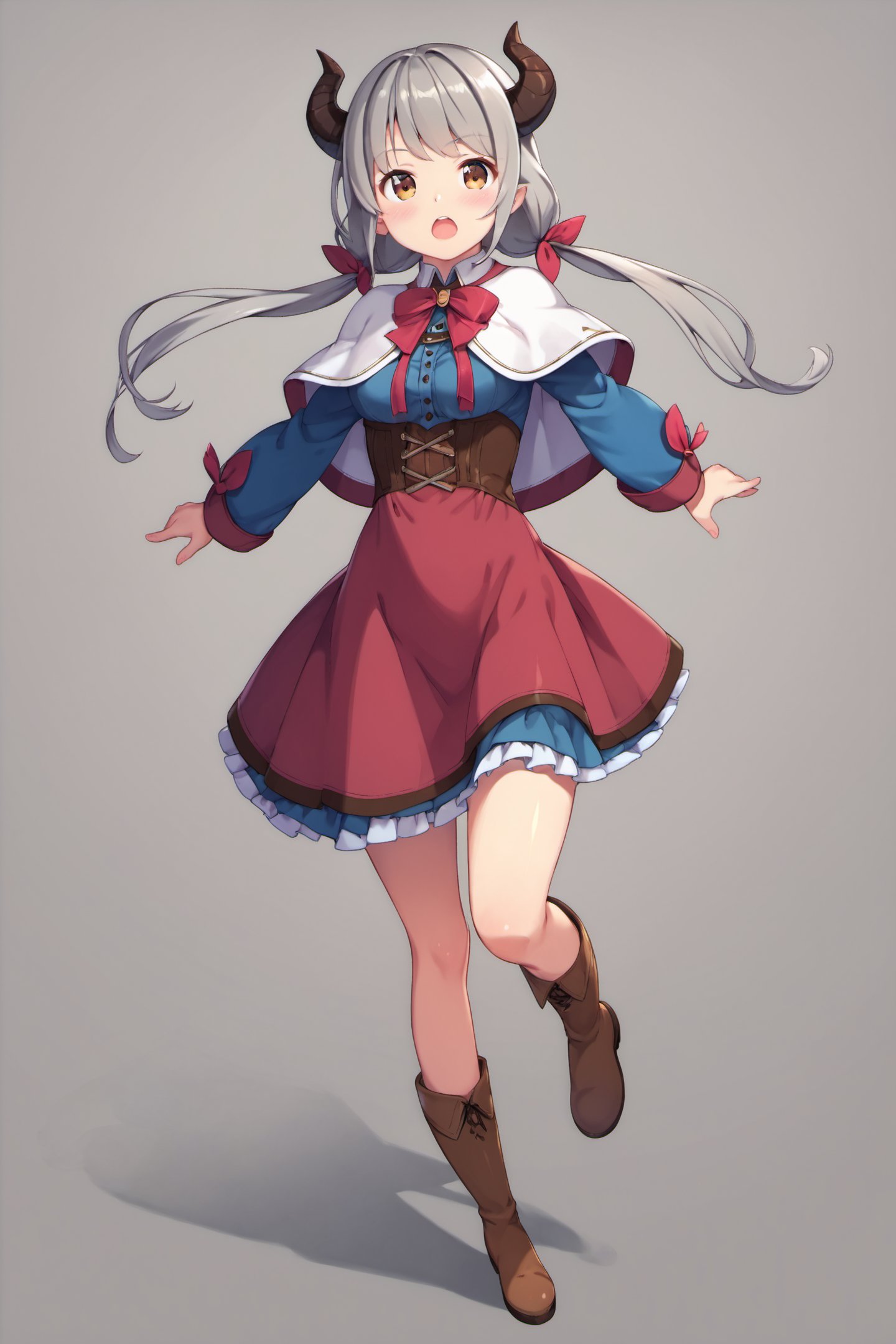 1girl,horns,solo,draph,open mouth,twintails,looking at viewer,long hair,dress,blush,full body,breasts,boots,brown eyes,low twintails,long sleeves,simple background,standing on one leg,capelet,grey hair,frills,standing,skirt,brown footwear,score_9,score_8_up,<lora:Kanzaki Hiro_XL_PONY:0.9>,