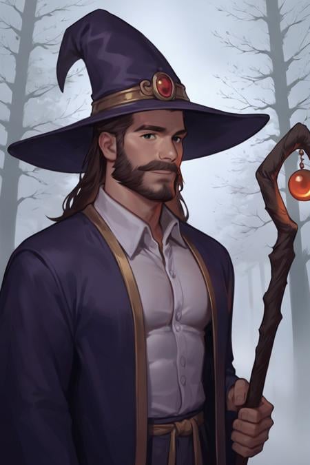 score_9, score_8_up, score_7_up, rating_safe, 1boy, solo, male focus, mature male, wizard, long hair, brown hair, black eyes, looking at viewer, hat, facial hair, beard, mustache, staff, wizard hat, purple hat, shirt, collared shirt, robe, purple robe, cloak, holding, holding staff, upper body, standing, outdoors, forest, nature, tree, fog, dark background <lora:Smooth Style LoRA XL:0.7>