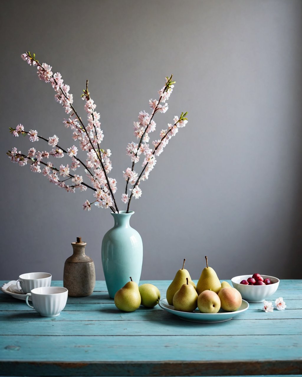 scenery,tree,cherry blossoms,day,flower,food,pears,still life,natural light,cyan vase,worn out wooden table,gray wall background,aluminum cupsbest quality,masterpiece,