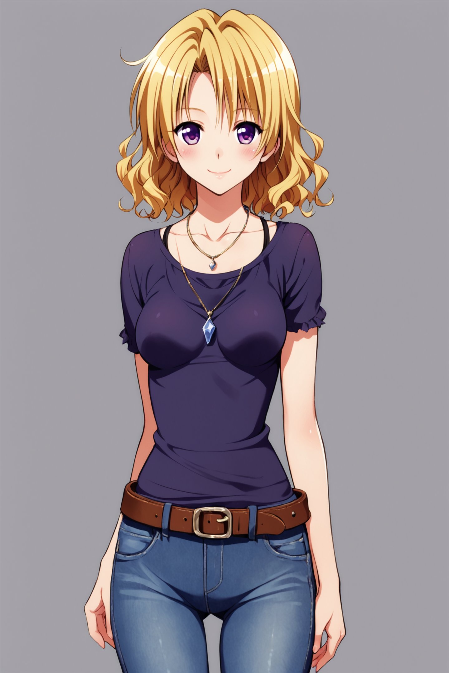 Momioka Risa,1girl,solo,blonde hair,wavy hair,purple eyes,smile,jewelry,belt,necklace,grey background,simple background,denim,blush,pants,looking at viewer,breasts,short hair,collarbone,medium breasts,jeans,pendant,shirt,short sleeves,cowboy shot,score_9,score_8_up,<lora:Yabuki Kentarou_XL_PONY_V2:0.8>,