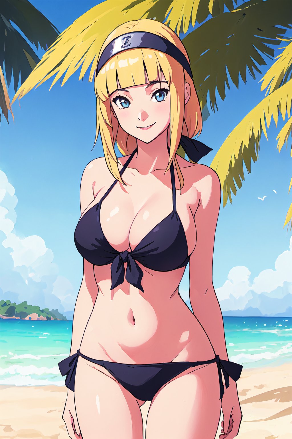 <lora:KishimotoStyle_1-step00002900:0.7>, solo, 1girl, forehead protector, headband, black headband, konohagakure symbol, large breasts, blonde hair, blunt bangs, bikini, beach background, sunshine, beautiful, smiling, looking at viewer, cowboy shot