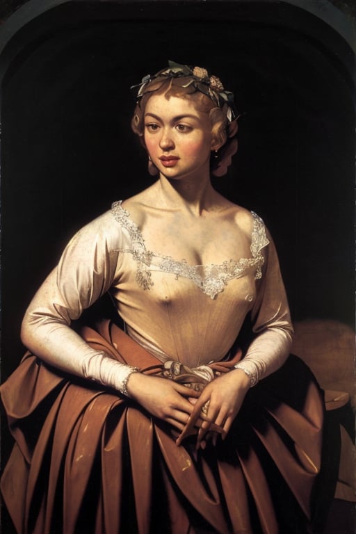A 22-year-old blonde girl stands in a formal portrait by Caravaggio. She wears a ornately decoeated baroque dress from 1640, that accentuates her slender figure, her hair is ornately arranged. She stand confidently in a straightforward pose, her features illuminated by soft, natural light. Oil on canvas by Caravaggio.<lora:EMS-405941-EMS:1.000000>, <lora:EMS-334262-EMS:0.800000>