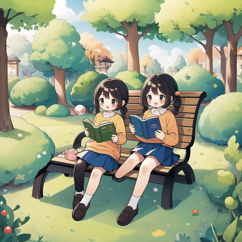 ((A child, small cute plush ball errings, pigtails, jumper skirt, A charming smile, reading picture-story book)), Parks, lawns, cherry trees, benches, masterpiece, best quality